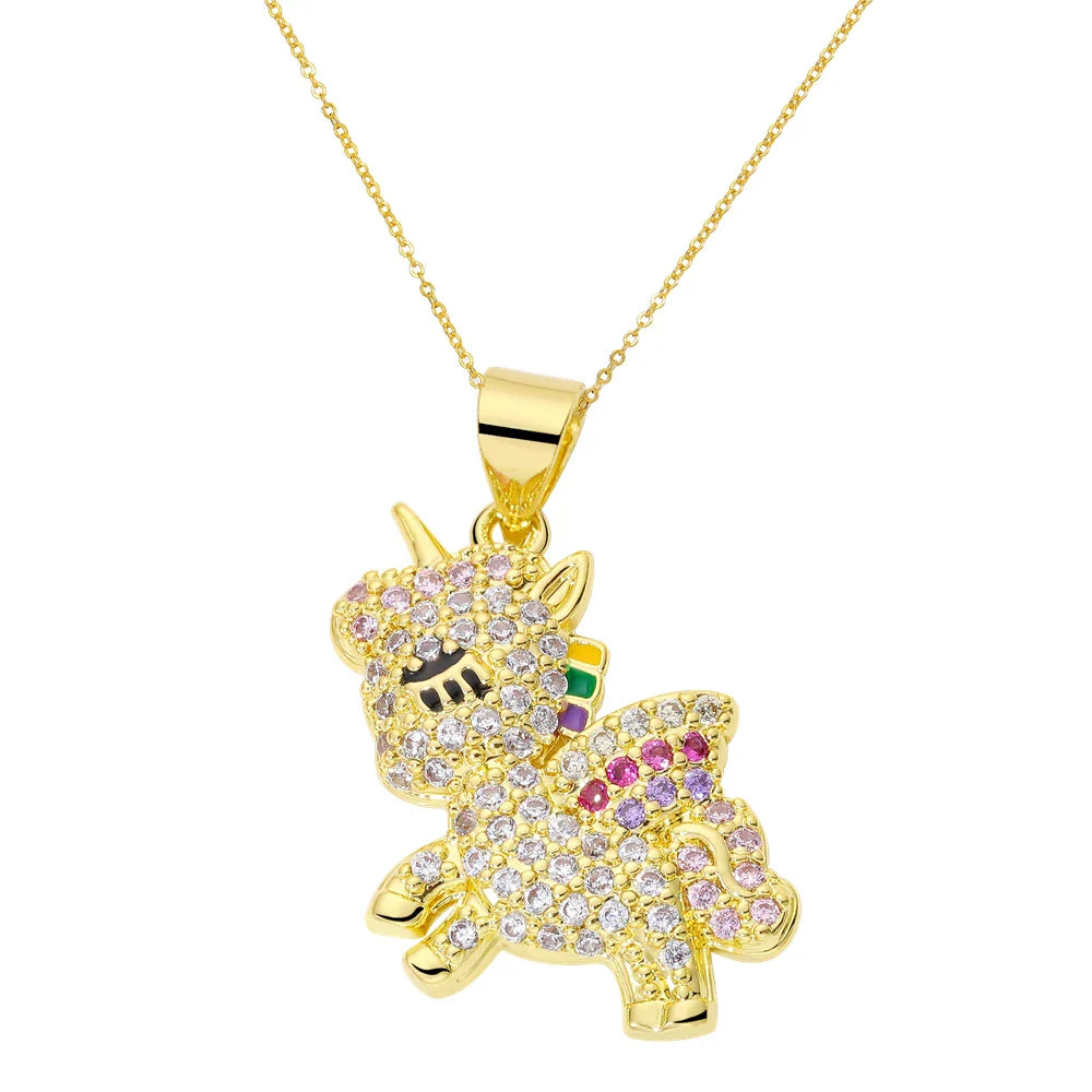 Juya 18K Real Gold Plated Micro Pave Zircon Butterfly Horse Bees Cat Leopard Pendant Necklace For Women Birthday Christmas Gift