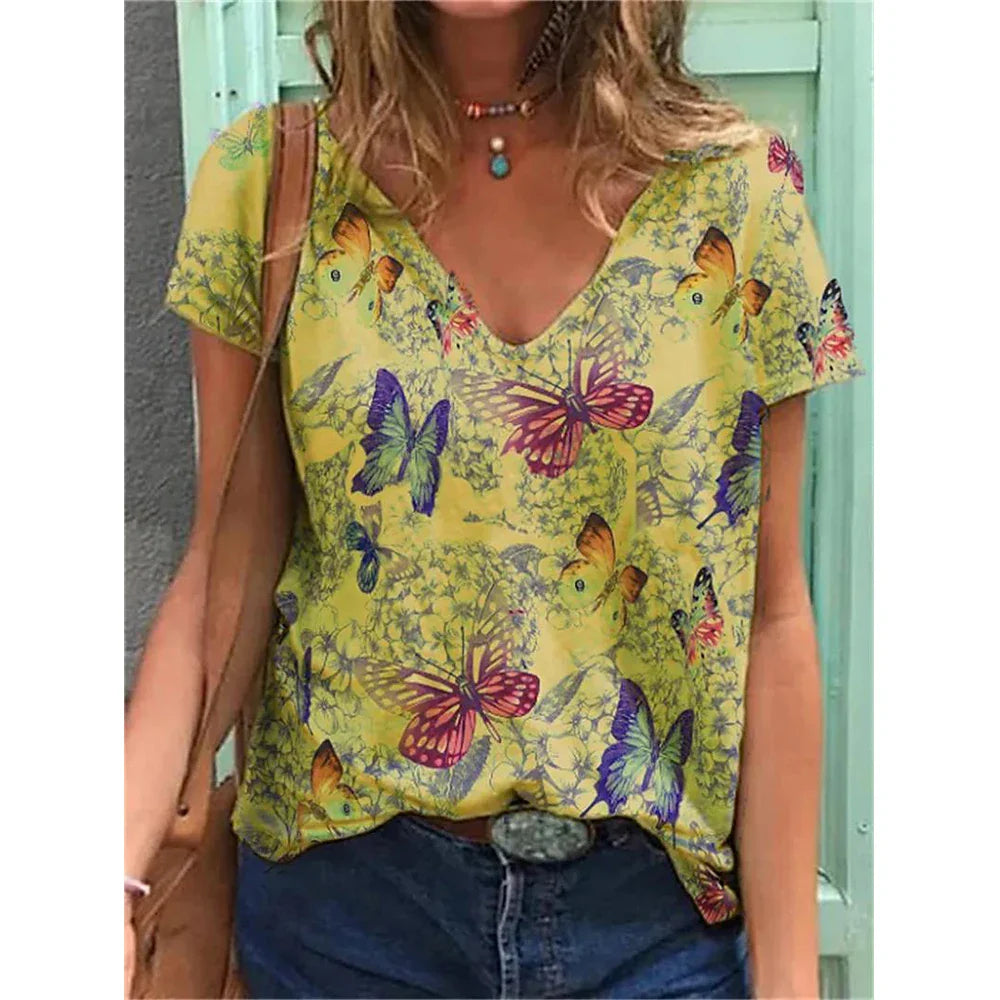 Women's T-shirts Fashion Tops V-neck Colorful Butterfly T Shirt Female Short Flowers Print Casual Tees Summer Oversized Clothes