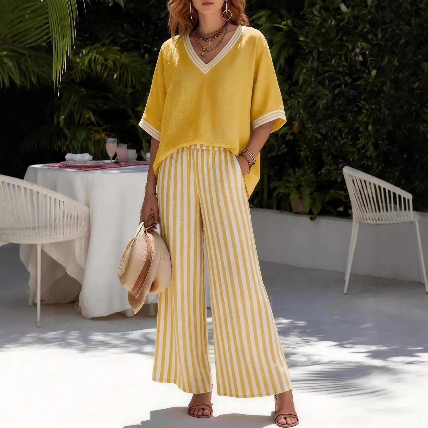 Two Pieces Women Pant Sets Striped Matching Set Short Sleeves V Neck Top Elastic Waist Wide Leg Pants Loose Casual 2026 Summer