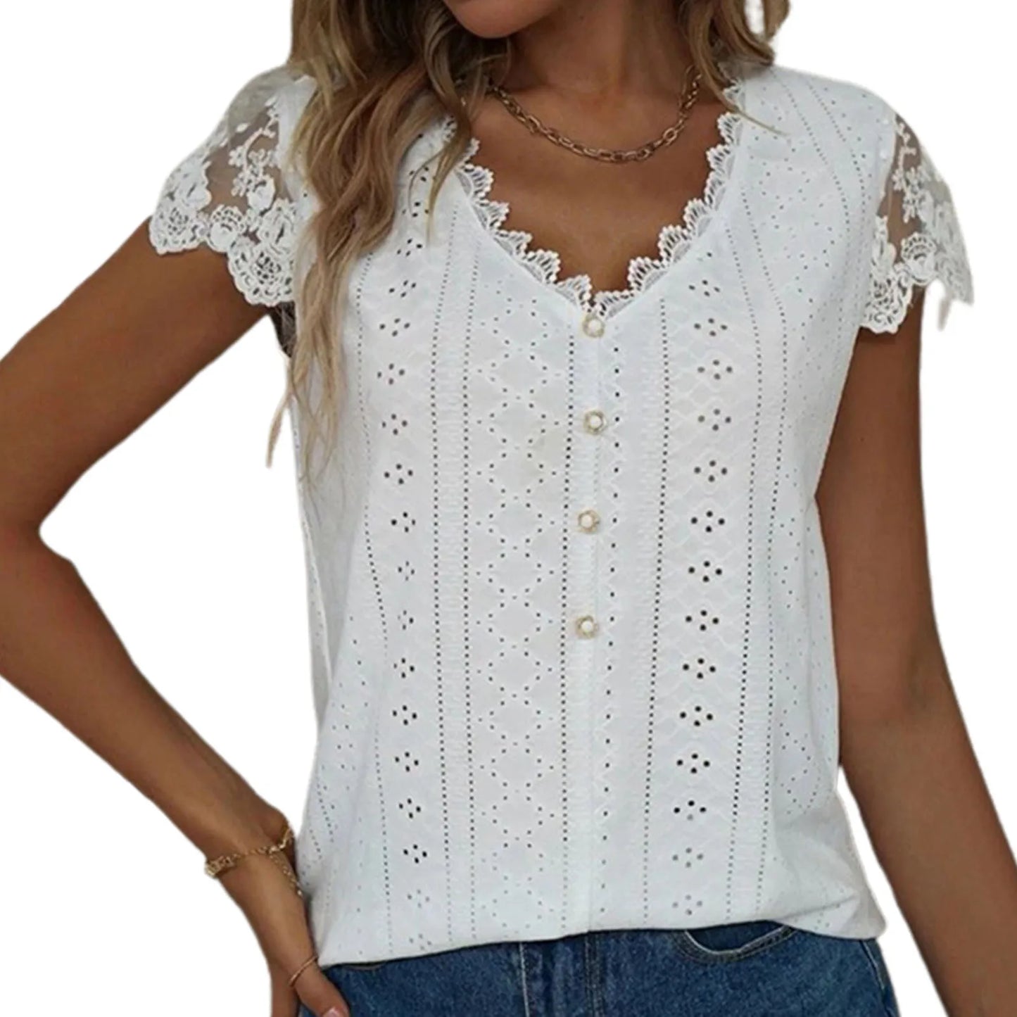 Elegant Women's Casual White Lace Shirt Blouses Office Summer Ruffles Short Sleeve Shirts For Women Hollow Out Simple Top Female