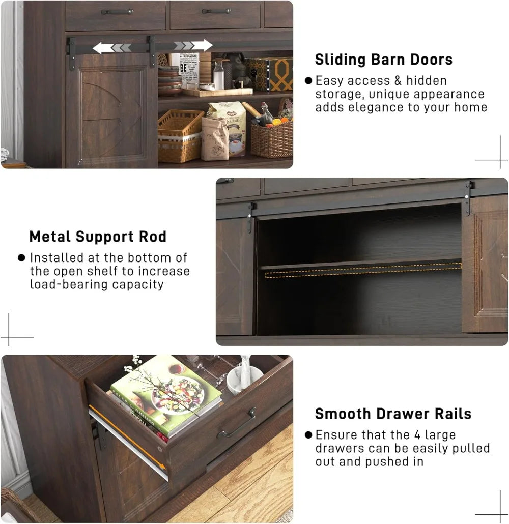 70" Farmhouse Buffet Cabinet with 4 Drawers, Sliding Doors, Storage for Living Room, Kitchen, Brown.