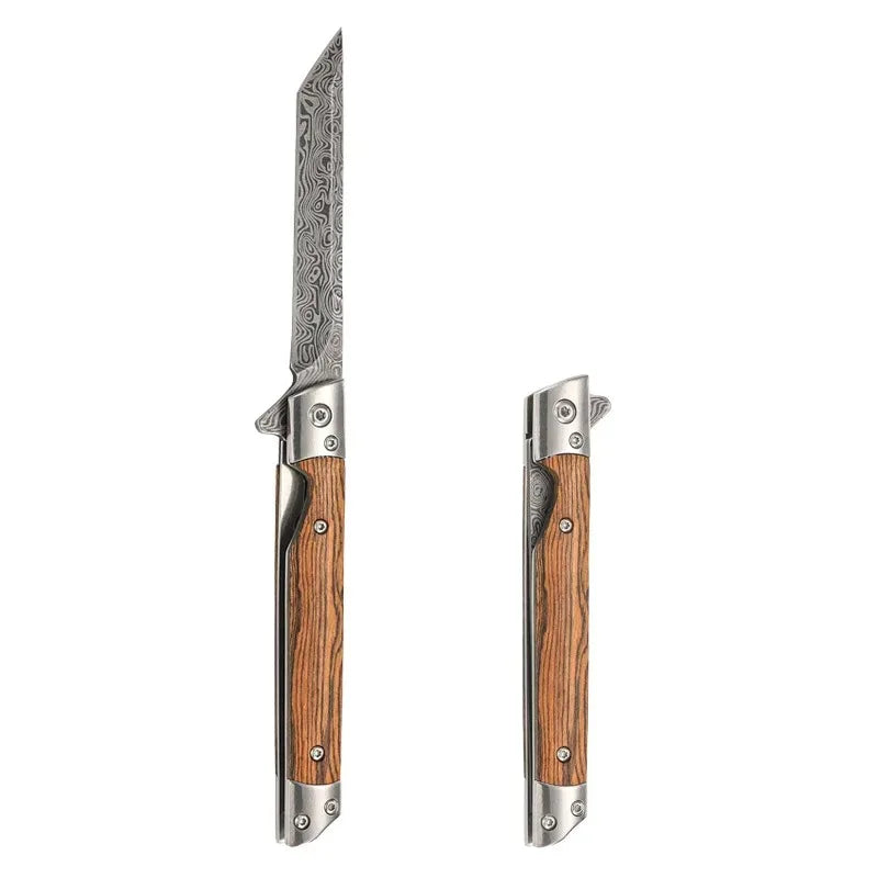 Multi-functional outdoor folding knife, high-hardness Damascus steel folding knife, portable fruit knife