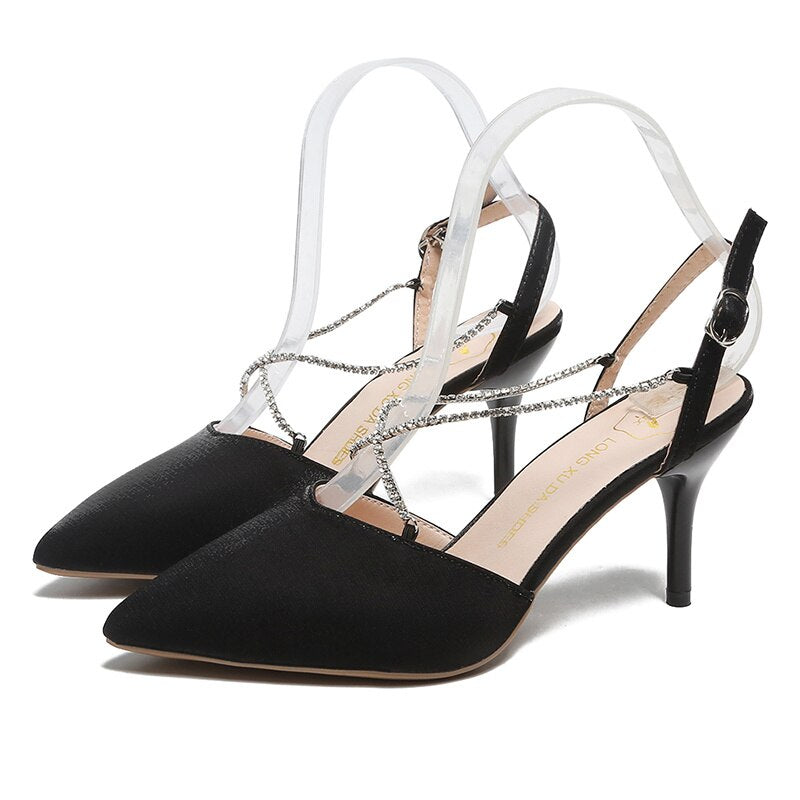Sexy Rhinestone Buckle Garden Shoes 2022 Summer New Pointed Toe Suede Women's High Heels Fashion Black Party Banquet High Heels