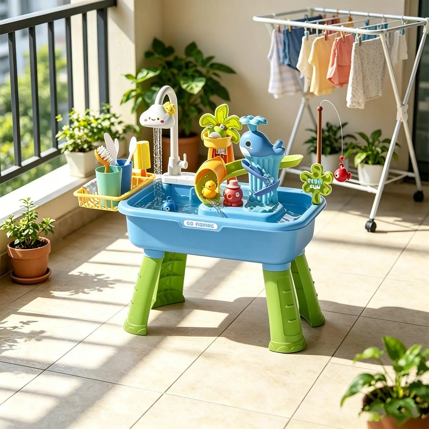 Kitchen Water table Sets with Pump,Tableware & Fishing Game for Kids,Children's Play Sink with Running Water & Electric Faucet