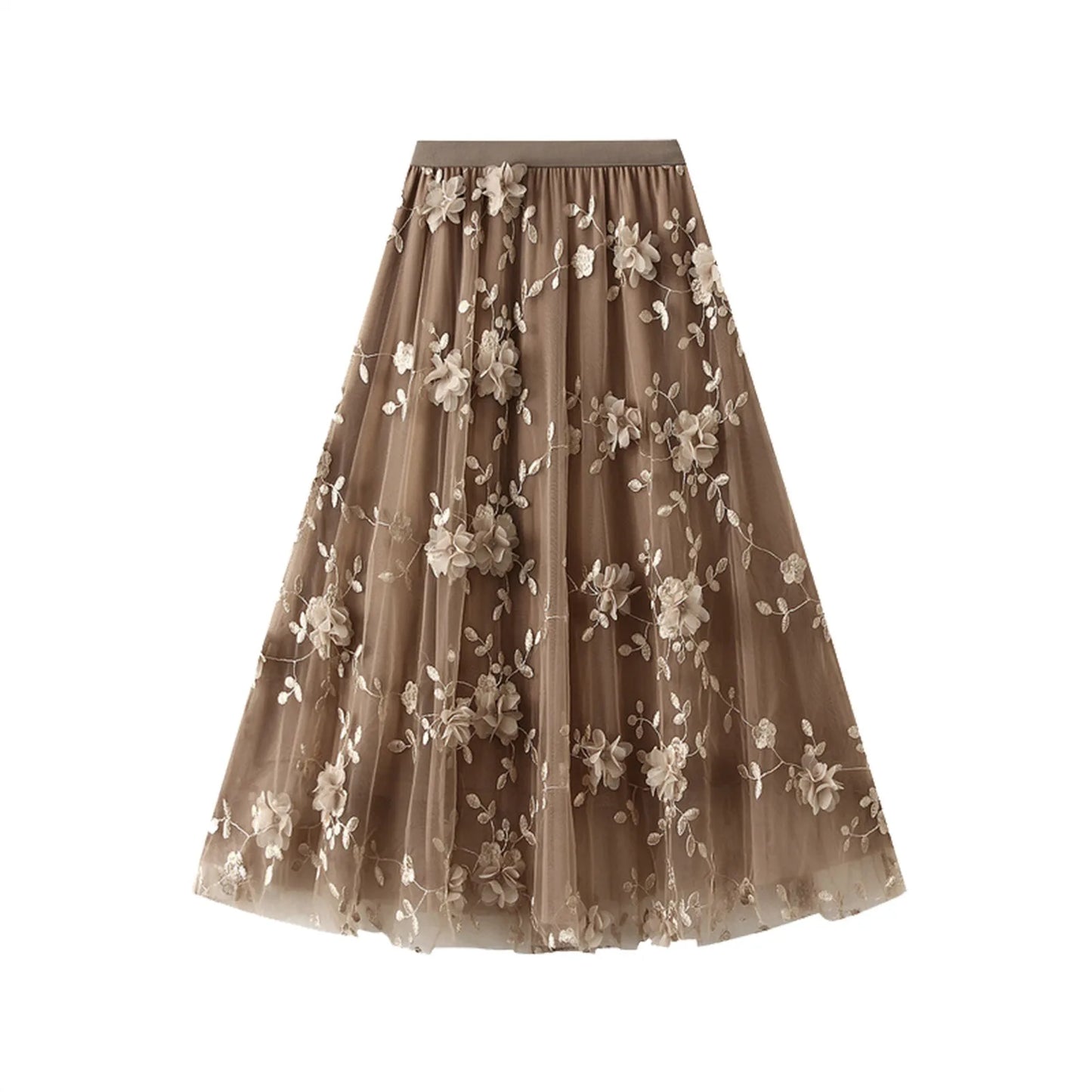 Korean Style Women's Floral Embroidered Mesh Skirt Harajuku High Waist A Line Midi Skirts Elegant Tulle Skirt Faldas Mujer