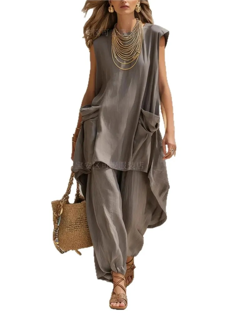 Women Loose Two-piece Sets Sleeveless Large Pockets Irregular Long Top Wide-leg Trousers Summer Casual Holiday Solid Color Suits