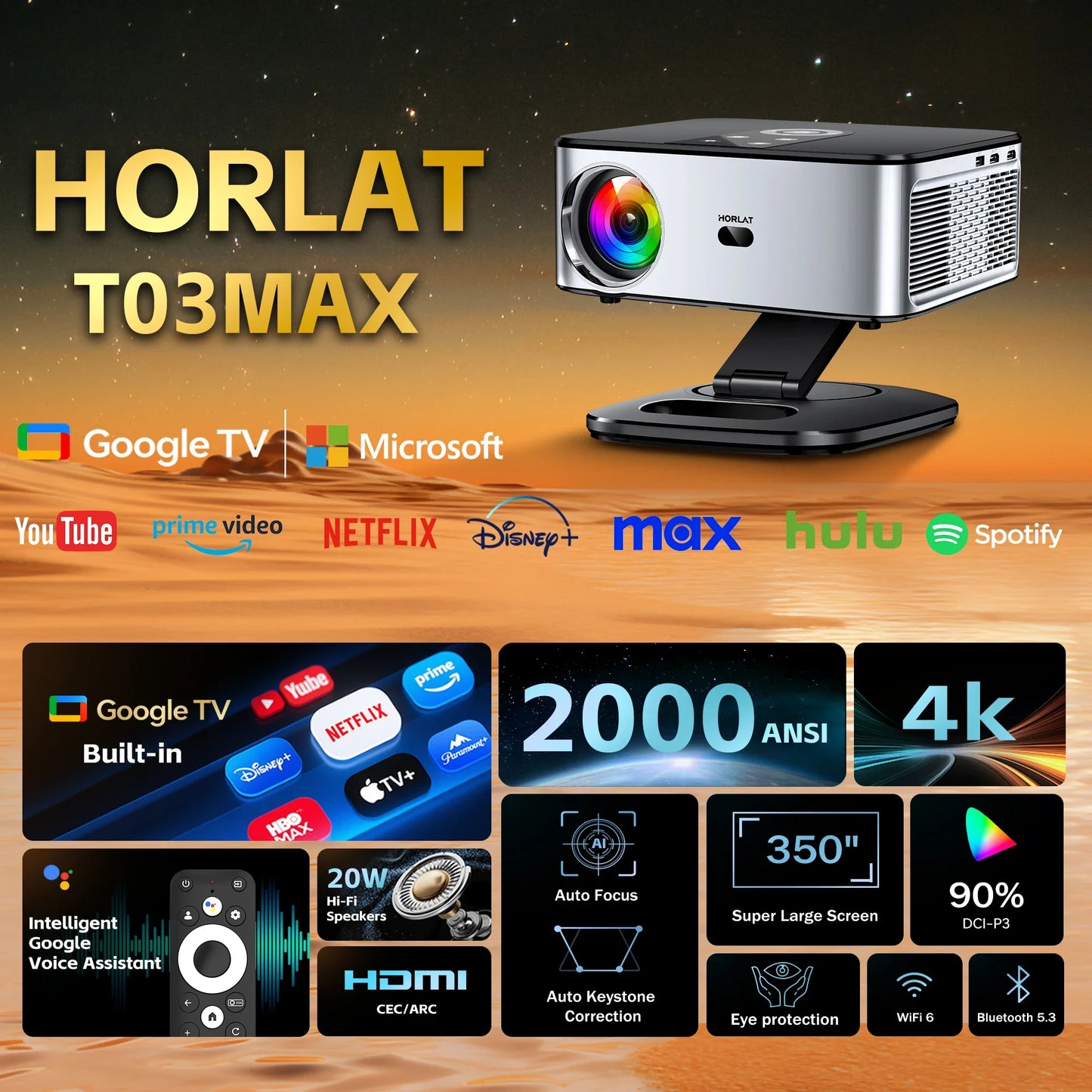 HORLAT Official Google TV Projector 2000ANSI Bluetooth Voice Control Auto Focus WiFi 6 4K HD Beamer Home Theater Movie Projector
