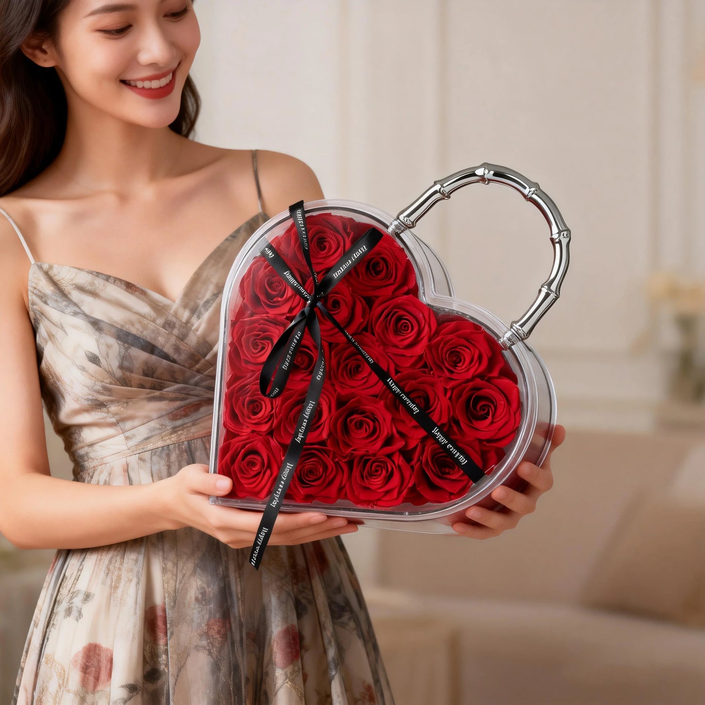 18 Preserved Roses in Heart Acrylic Display Case with Handle, Home Decor & Holiday Gift for Women, Anniversary, Valentine’s Day