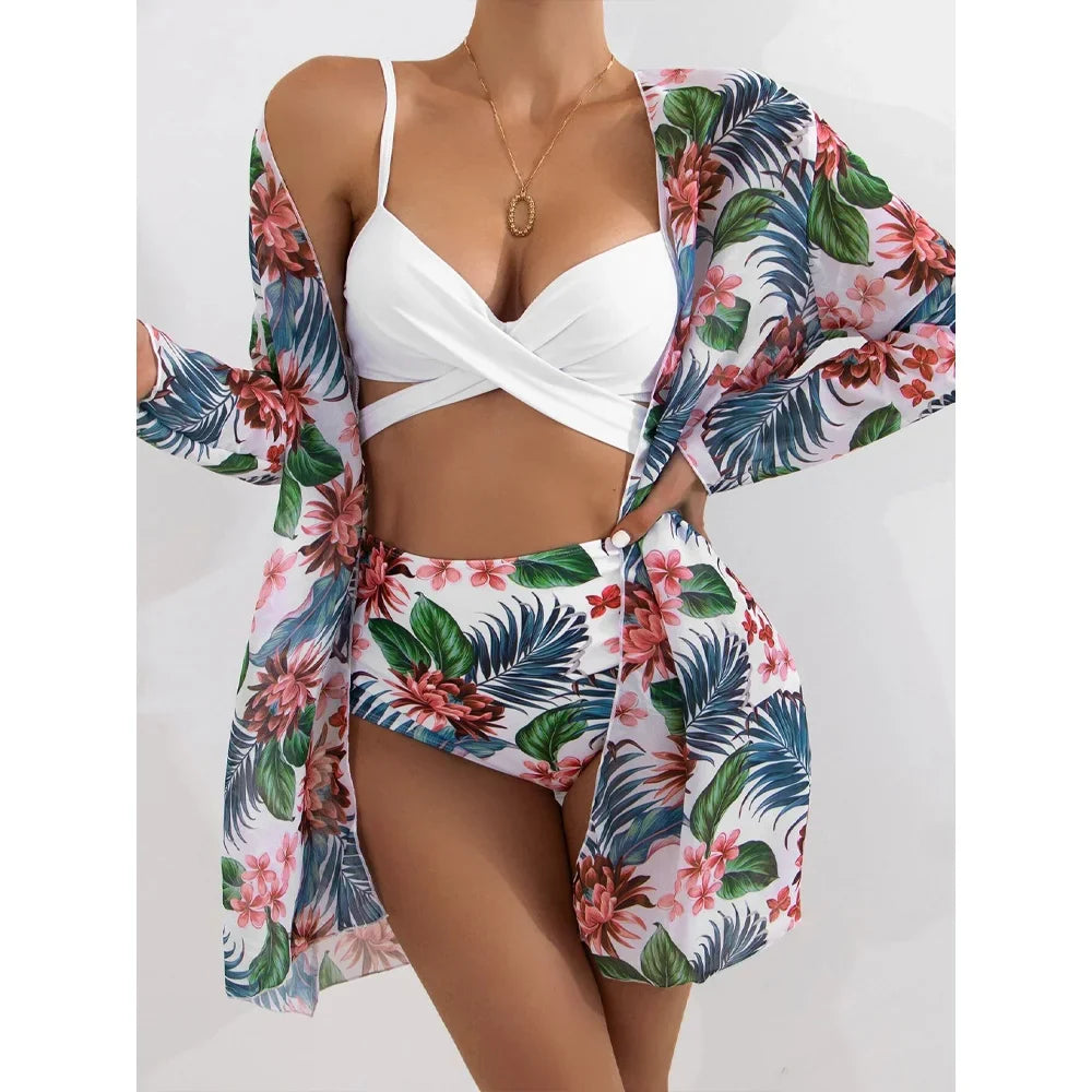 Three Pieces Bikini Set Cover Up Women New Push Up Twist Swimsuit Print Long Sleeve Swimwear Biquini Bathing Suit Summer