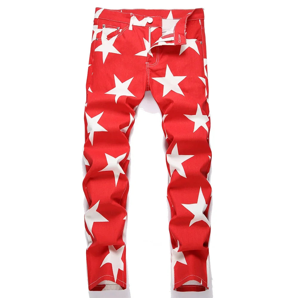2026 New Fashion Men Clothing Stars Print Jeans Y2K Fancy Color Stretch Cotton Denim Pants Spring Trendy Slim Straight Trousers