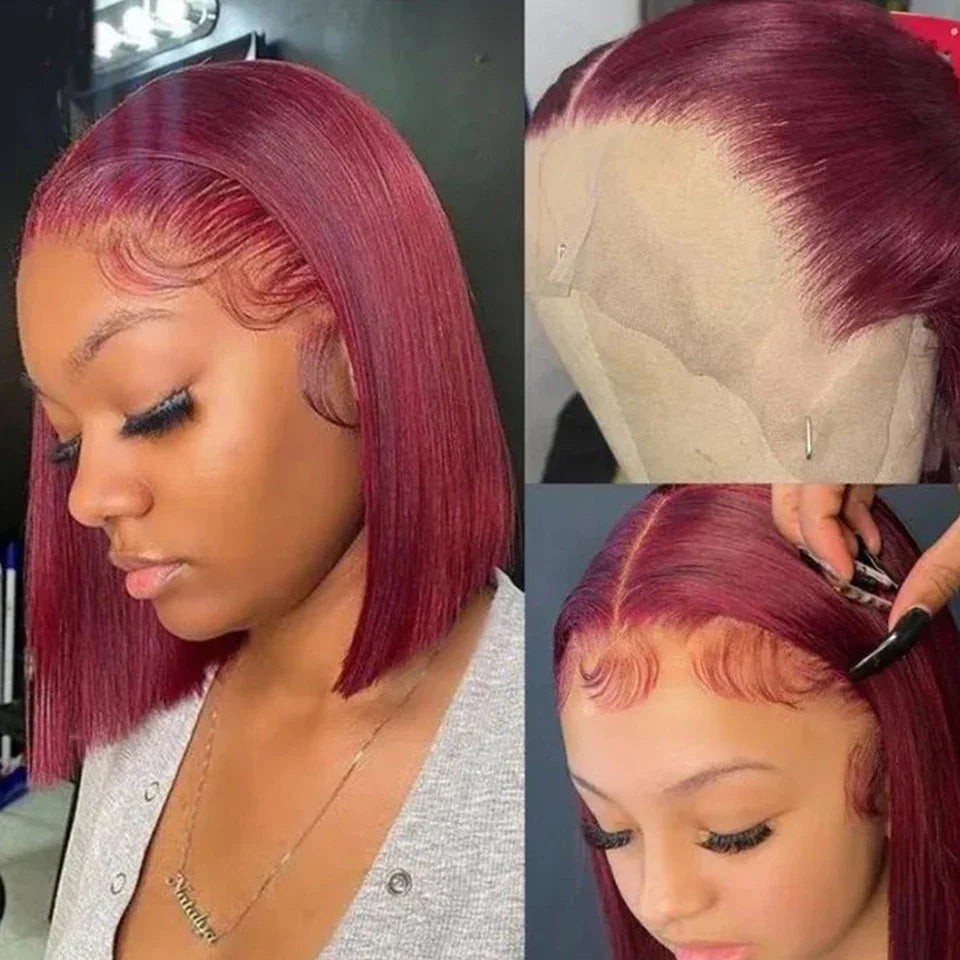 Brazilian  HD Transparent Short Bob Human Hair Wigs Highlight Burgundy 99J Straight