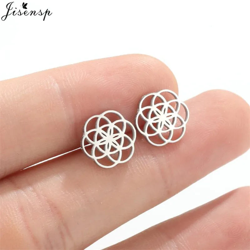 Multiple Stainless Steel Flower Stud Earrings Women Korean Daisy Mandala Rose Lotus Earings Piercing Jewelry Plant Oorbellen