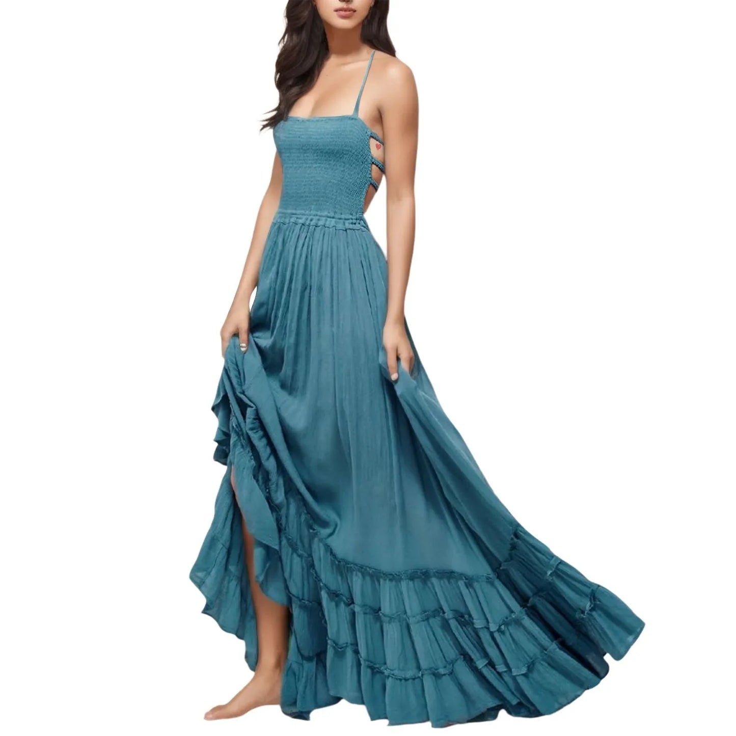 Womens Dresses 2024 Spring Summer Deep V Neck Women'S Smocked Maxi Dresses Summer 2023 Sexy Flowy Beach Long Backless Slip 롱원피스