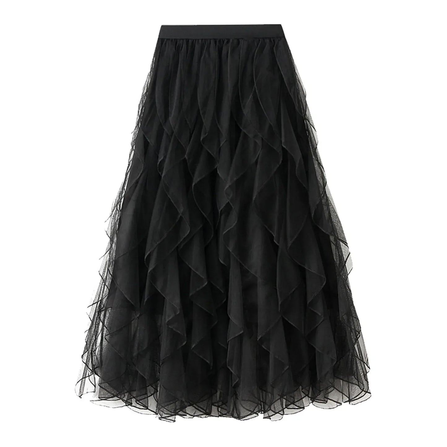Autumn New Wave Pattern Fairy Mesh Ruffle Skirt High Waist A-Line Large Swing Long Skirt Women'S Half Body Skirt Ropa Para Mujer