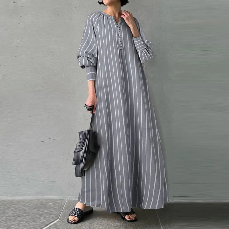 Women's 2023 Cotton Linen Stripe Round Neck Long Sleeve Simple Loose Long Pullover Dress Vintage Elegant Women's Dress Robe