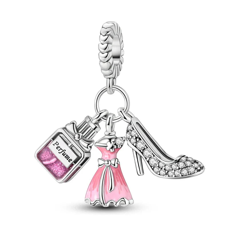 Romantic Pink Crown Perfume Bottle Charms Beads Bracelets Fine Jewelry