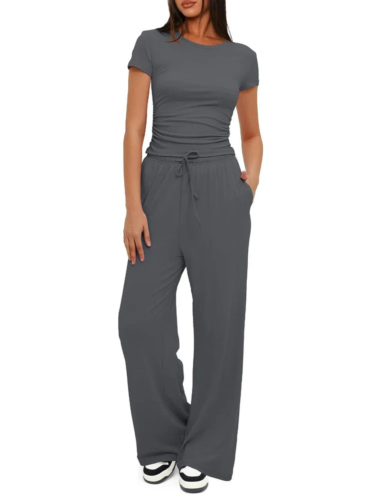 Summer Solid Loose Casual Tracksuit Women's Two Pieces Set O Neck Short Sleeves T-shirts and Wide Leg Pants Sets Sportswear Set