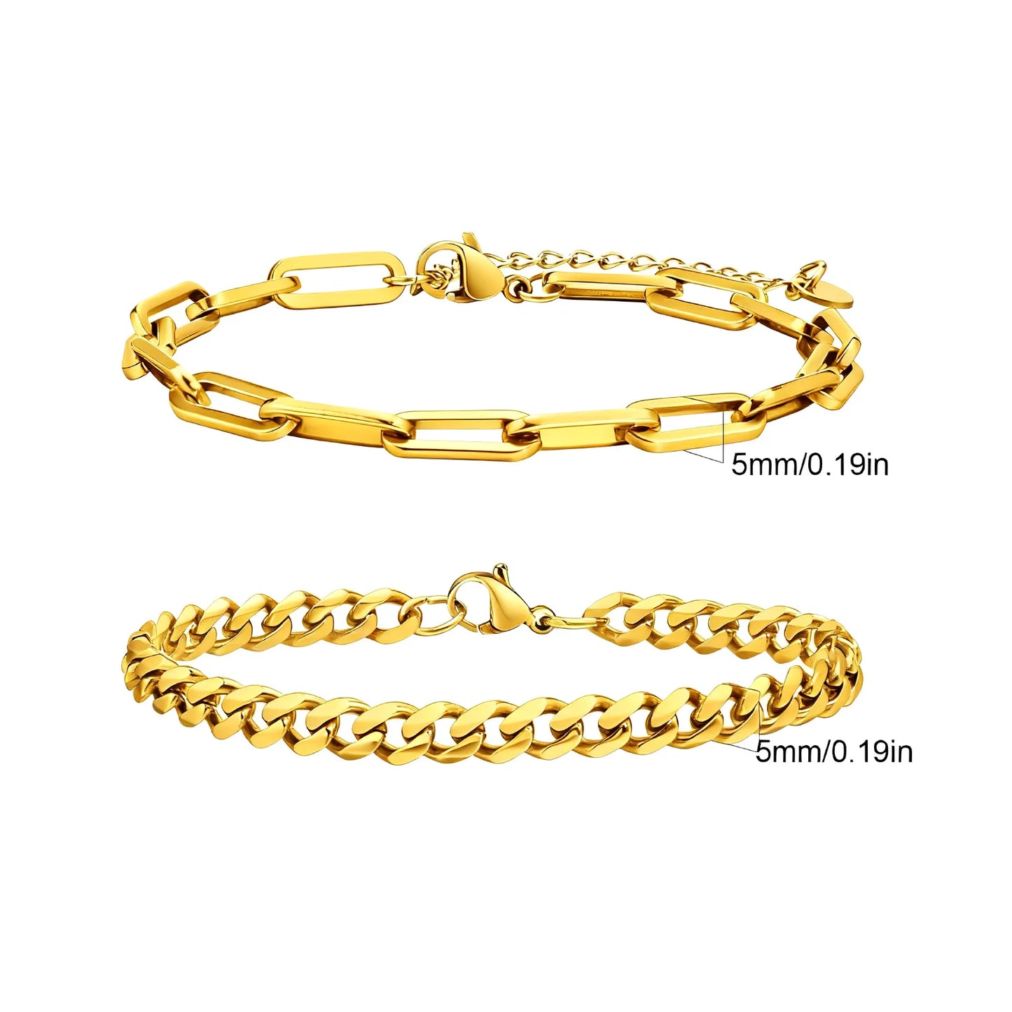 2pcs Men's Chain Bracelets, Stainless Steel Silver Gold Black Color