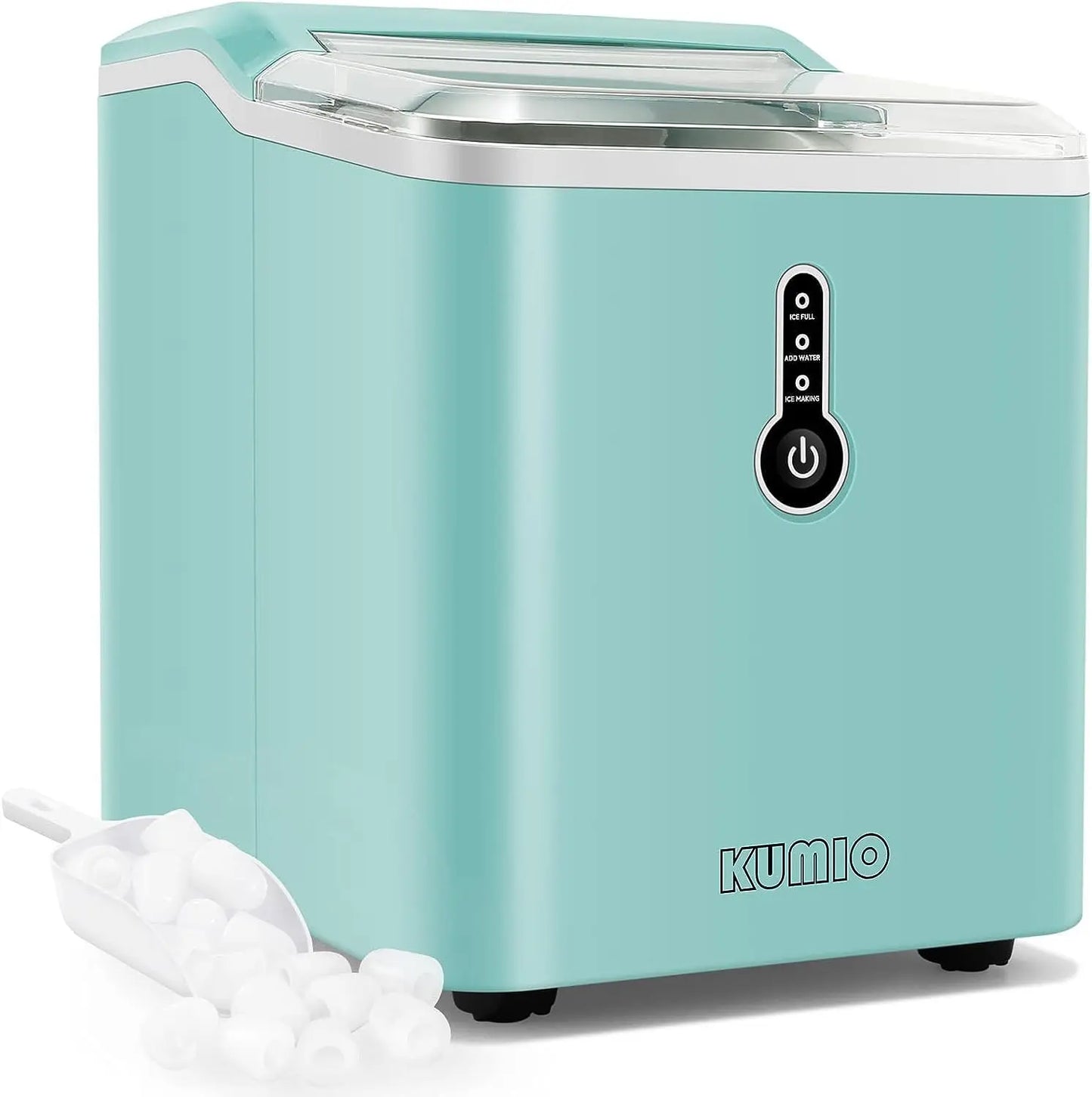 KUMIO Ice Makers Countertop, 9 Thick Bullet Ice Ready in 6-9 Mins,26.5 Lbs in 24Hrs,Portable Ice Maker with Scoop and Basket