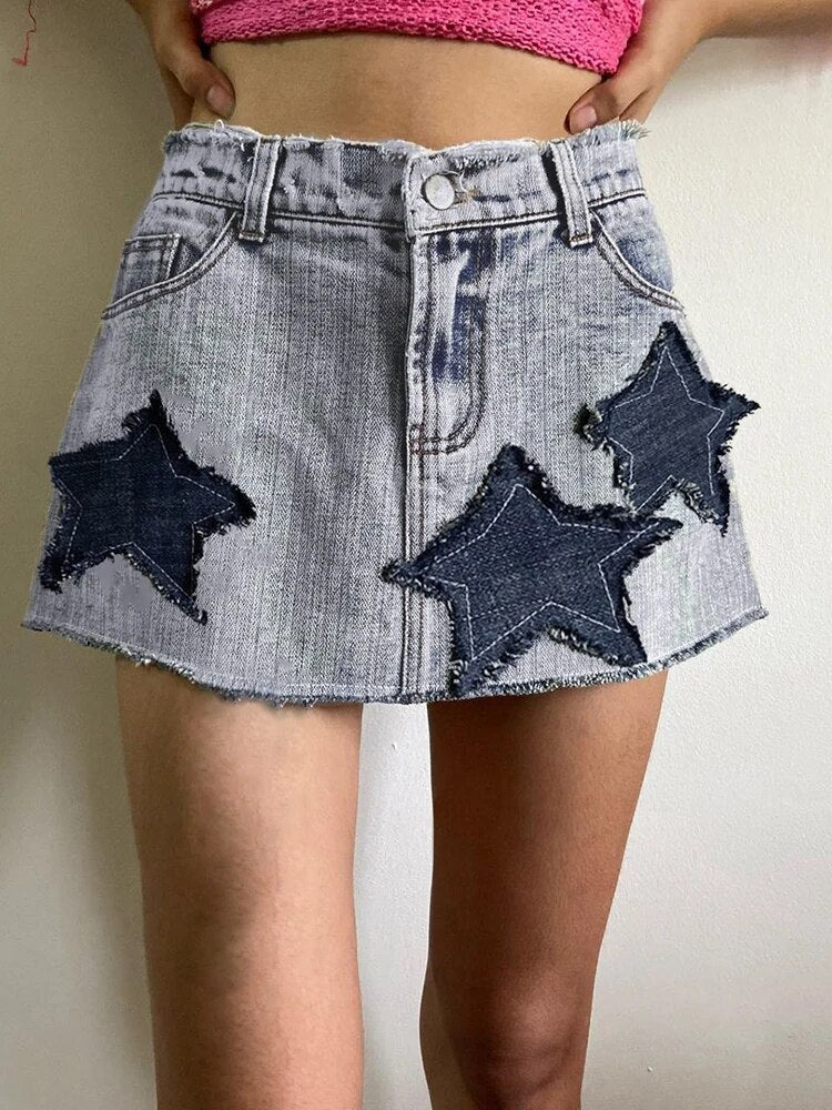 Cuteandpsycho Star Patchwork Y2K Korean Mini Skirts Casual Fashion Vintage A-line Women's Skirts Aesthetic Preppy Style Bottoms