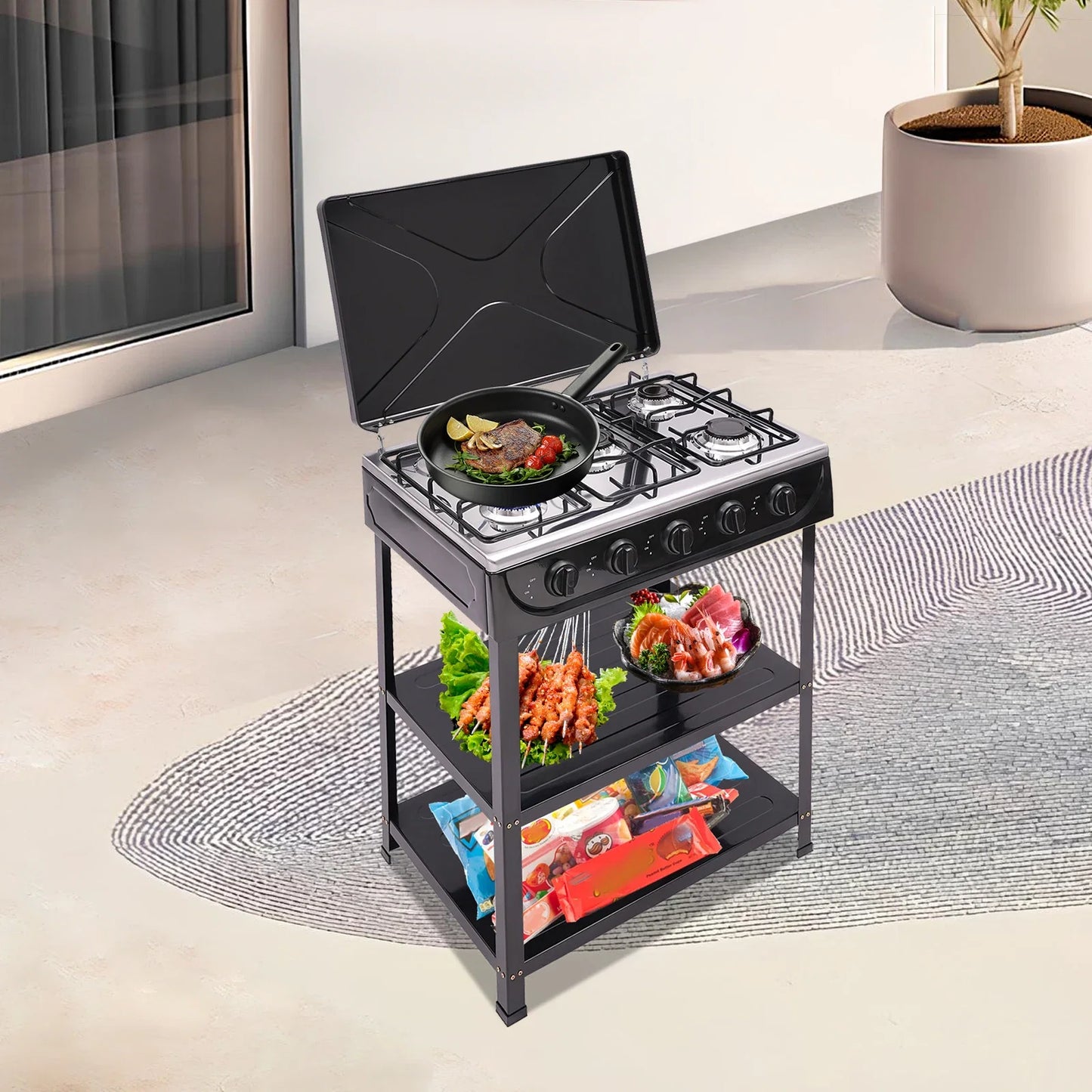 Rectangular Natural Gas Stove, 82cm/32.28in Portable Natural Gas Stove W|5 Burners for Outdoor Camping, Fishing,RV Travel(Black)