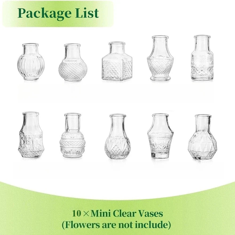 10/20Pcs Mini Glass Vase Modern Clear Hydroponic Flower Vase Retro Relief European Home Desktop Scene Wedding Party Decoration