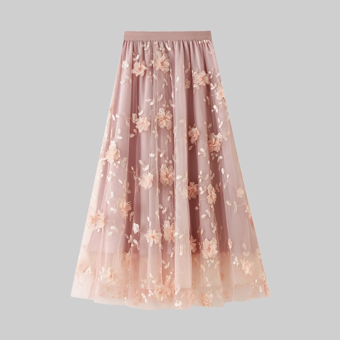 Korean Style Women's Floral Embroidered Mesh Skirt Harajuku High Waist A Line Midi Skirts Elegant Tulle Skirt Faldas Mujer