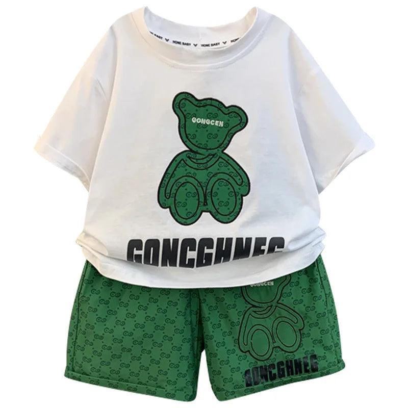 Summer Baby Girl Clothes Kid Boy Cartoon Bear T-Shirts Pants Suit Children Short Sleeve Top and Bottom 2 Pieces Set