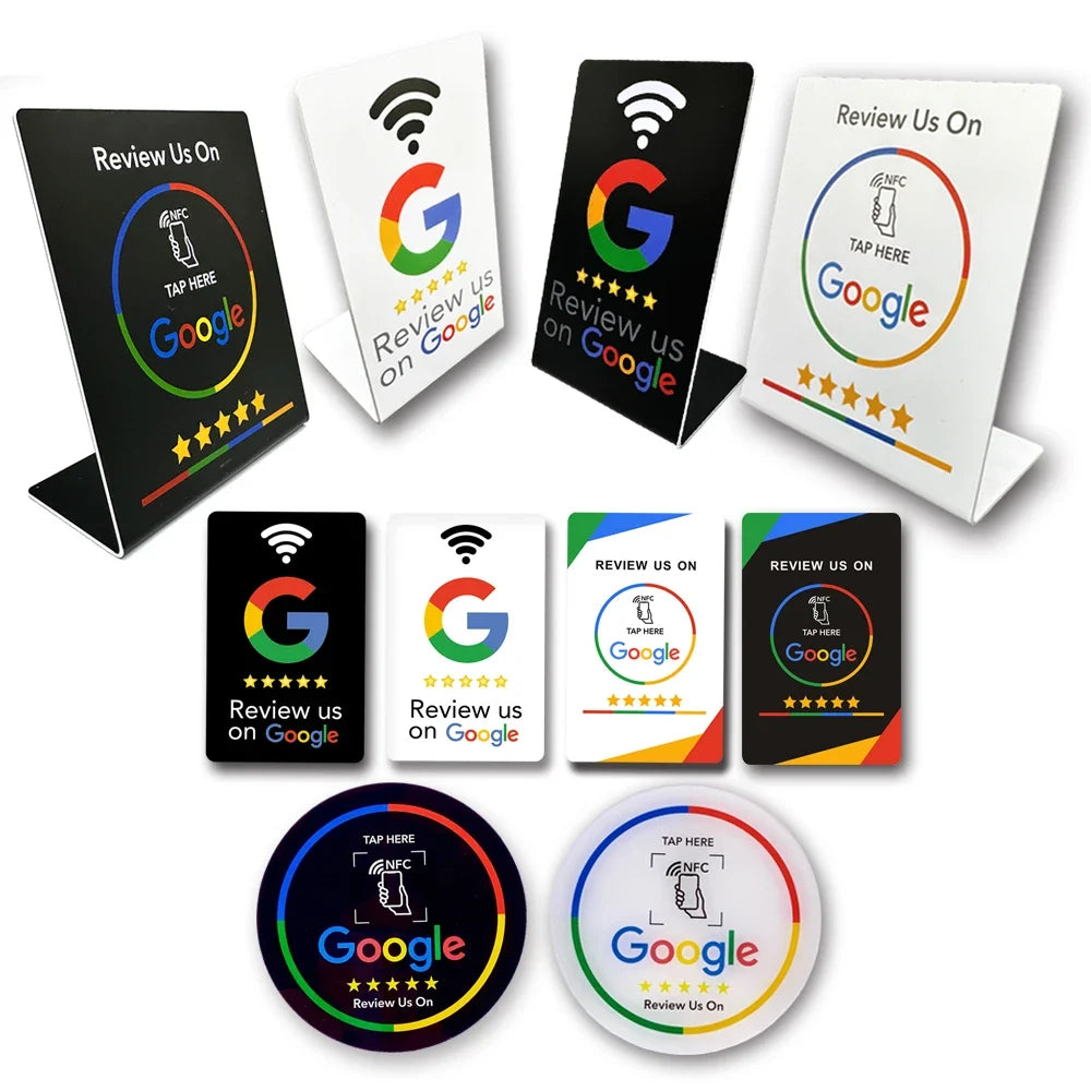 nfc tag 13.56Mhz Programmable Google Review Card NFC station table NFC Google Reviews display bending card standing bracket