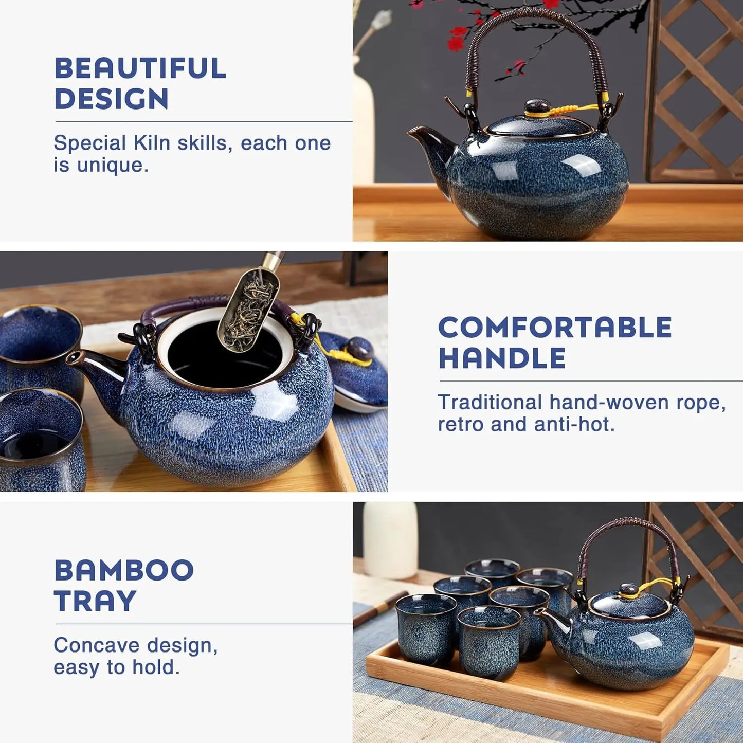 Japanese Tea Set for 6, Kiln Altered Glaze Porcelain Tea Set with 1 Teapot, 6 Tea Cups & 1 Tea Tray, Unique Chinese Tea Set