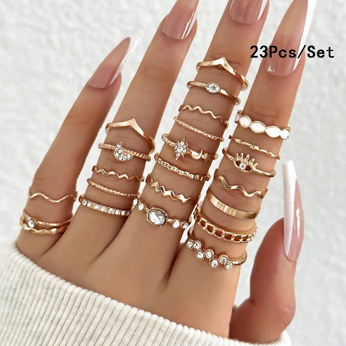 23pcs Fashion Knuckle Rings Set for Women Crystal Star Moon Eye Wave
