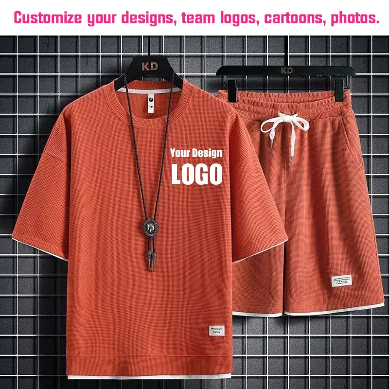 Personalized Custom Print Short Sleeve  T-Shirt Sport Shorts 2 Piece Sets Men's Summer Outfit Breathable and Quick-drying