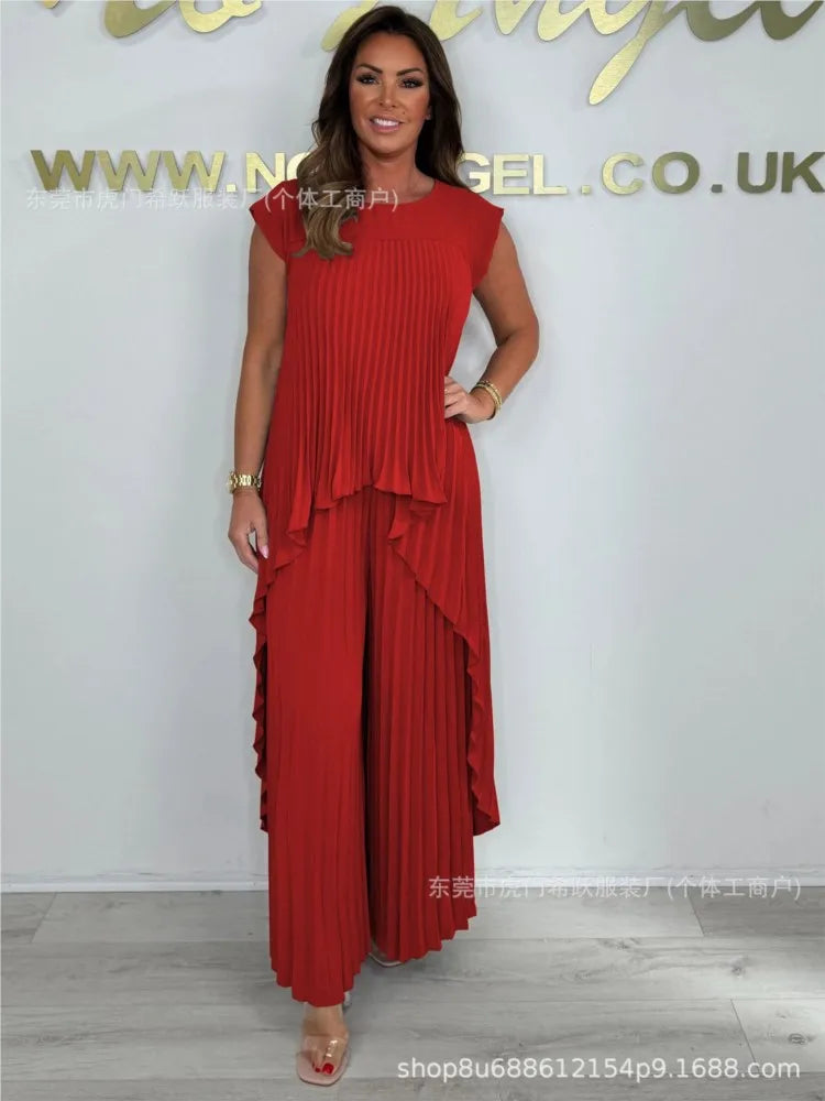 Summer Solid Casual Holiday Two Piece Sets Elegant Women Pleated Irregular O Neck Sleeveless Top + Wide-leg Pants Loose Outfits