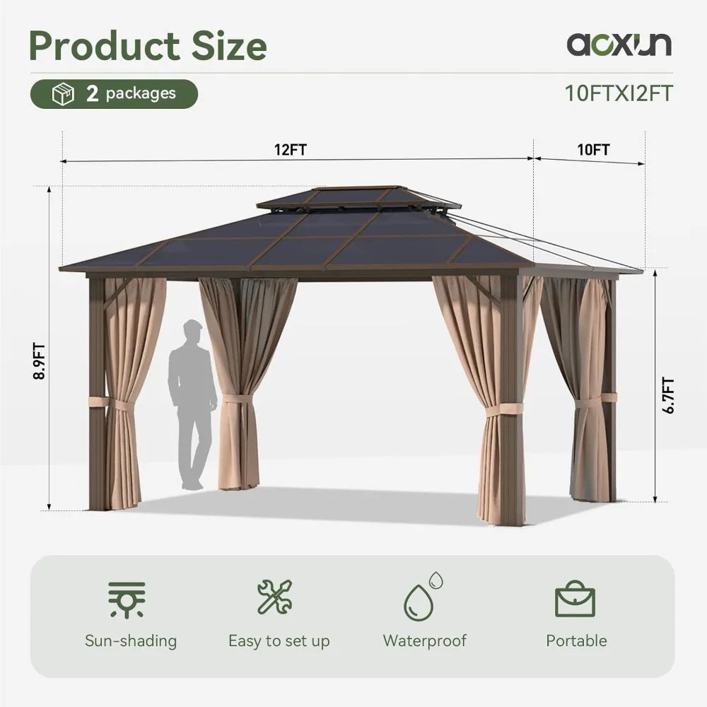 10'x12' Hardtop Gazebo, Aluminum Frame Permanent Pavilion with Curtains, Outdoor Polycarbonate Gazebo, Double Roof Canopy