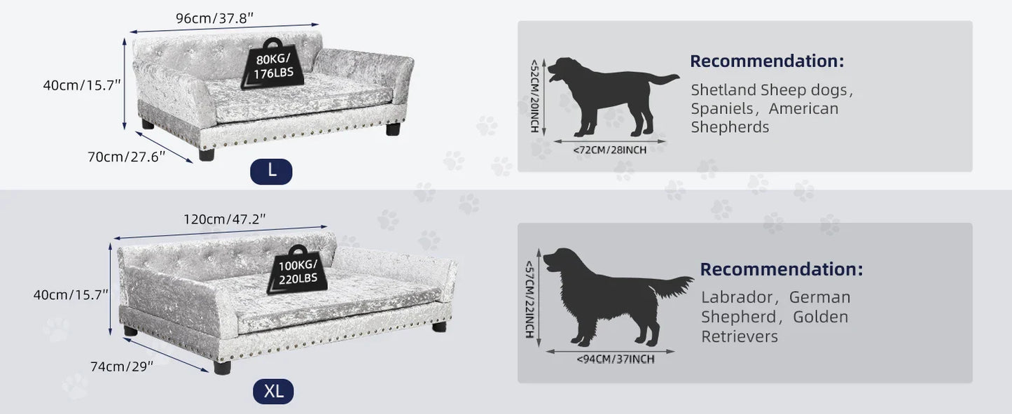 Luxury Velvet Tufted Dog Sofa Bed Large Elevated Pet Bed Upholstered Cushion Wooden Frame Raised Puppy Sofa Couch