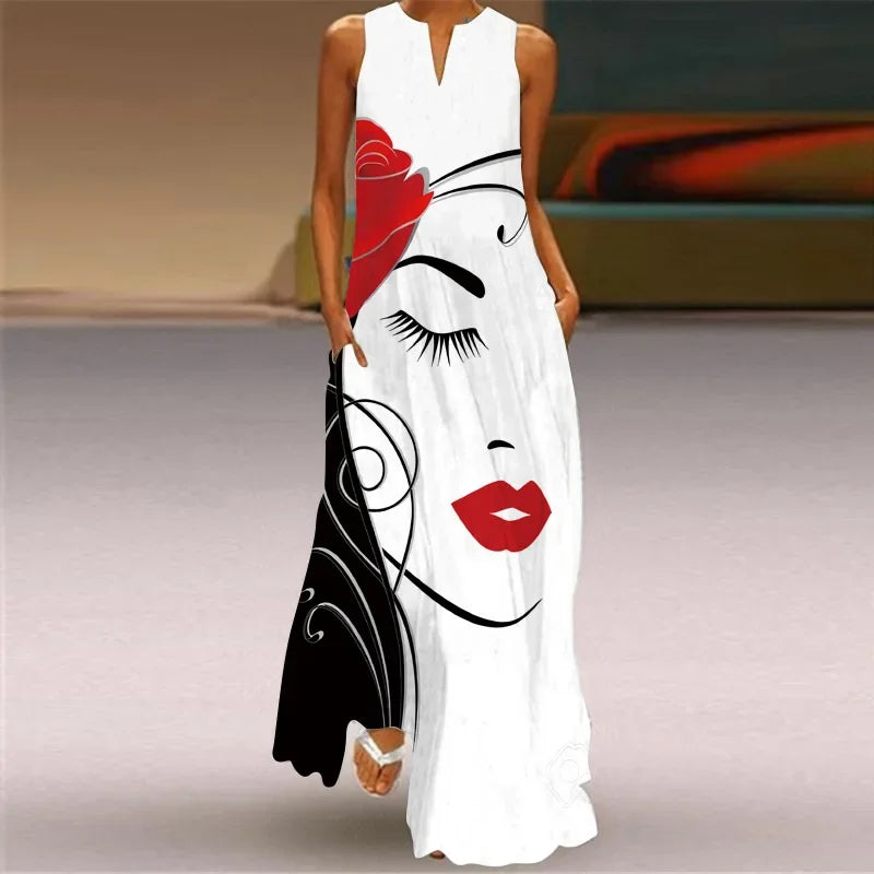 Elegant Sleeveless Women Dress, Vintage Print Loose Long Maxi Dresses Lady V Neck Pocket Sundress Plus Size