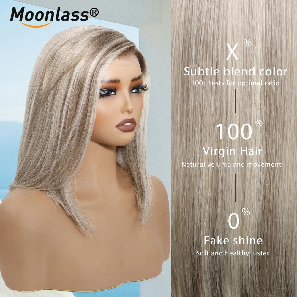Moonlass Highlight Velvet Grey Gold Short Bob 100% Human Hair Wig 190% Density Salon Hair Color Wig 13x6 Upgrade Nude Lace Wigs