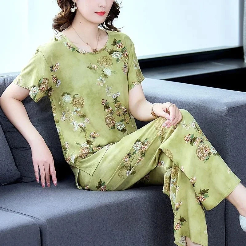 Women Summer Sets NEW Middle Aged Elderly Mother Cotton Silk Suit Casual Print Short Sleeve Top + Pants 2 Piece Set Femme Outfit
