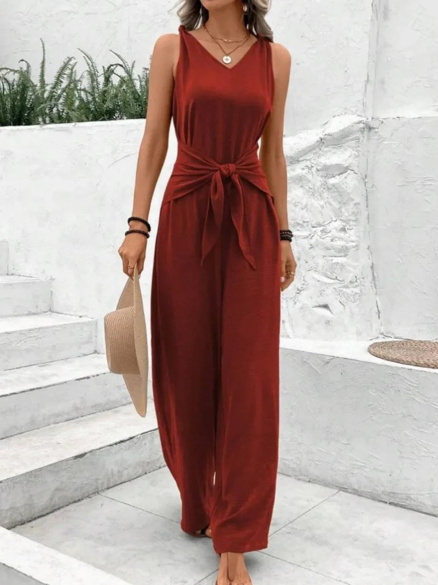 Fashion Solid Jumpsuit For Women Casual Sleeveless V Neck Lace-Up Wide Leg Pants Jumpsuits Lady Summer Holiday Womens Clothing