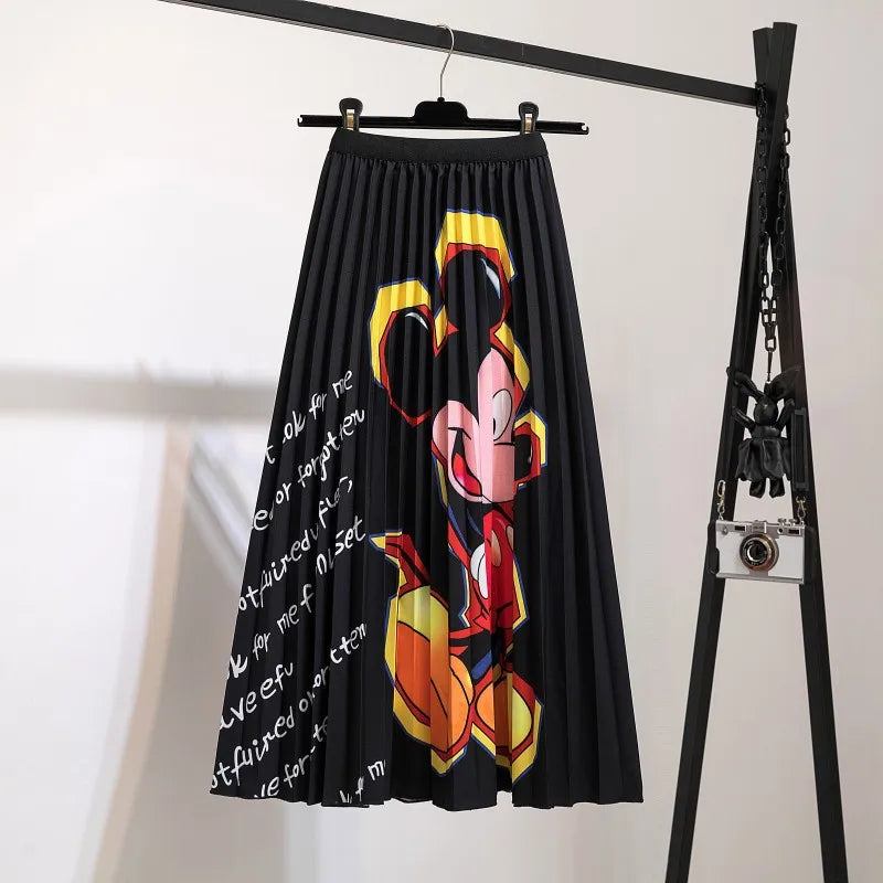 2023 Summer Women Cartoon Print Pleated Skirts A Line High Waisted Elastic Midi Long Skirt Ladies Party Korean Style Dresses