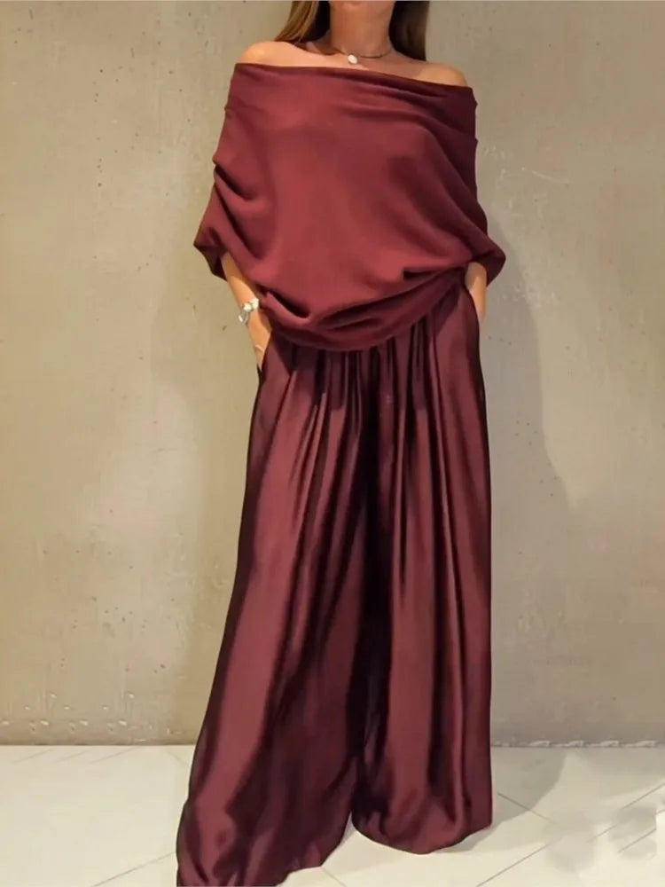 Fashion Satin Sexy Off-shoulder Women Long-sleeved T-shirt Trousers Suit Autumn Elegant Woman Loose Wide-leg Trousers 2piece Set