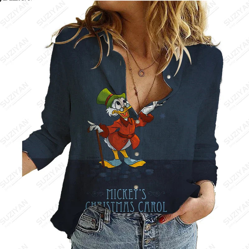 2023 Summer New Women's Long Sleeve Shirt Disney 3D Printed Button Cardigan Temperament Simple Shirt Street Loose Women's Shirt