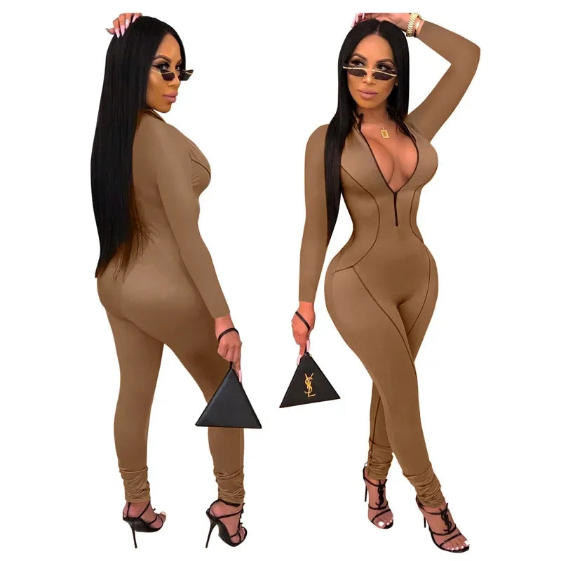 New Autumn Women Zipper Up Striped Splicing Long Sleeve Bodycon Moto Biker Jumpsuit Sexy Club Night Party Romper Playsuit GL9371