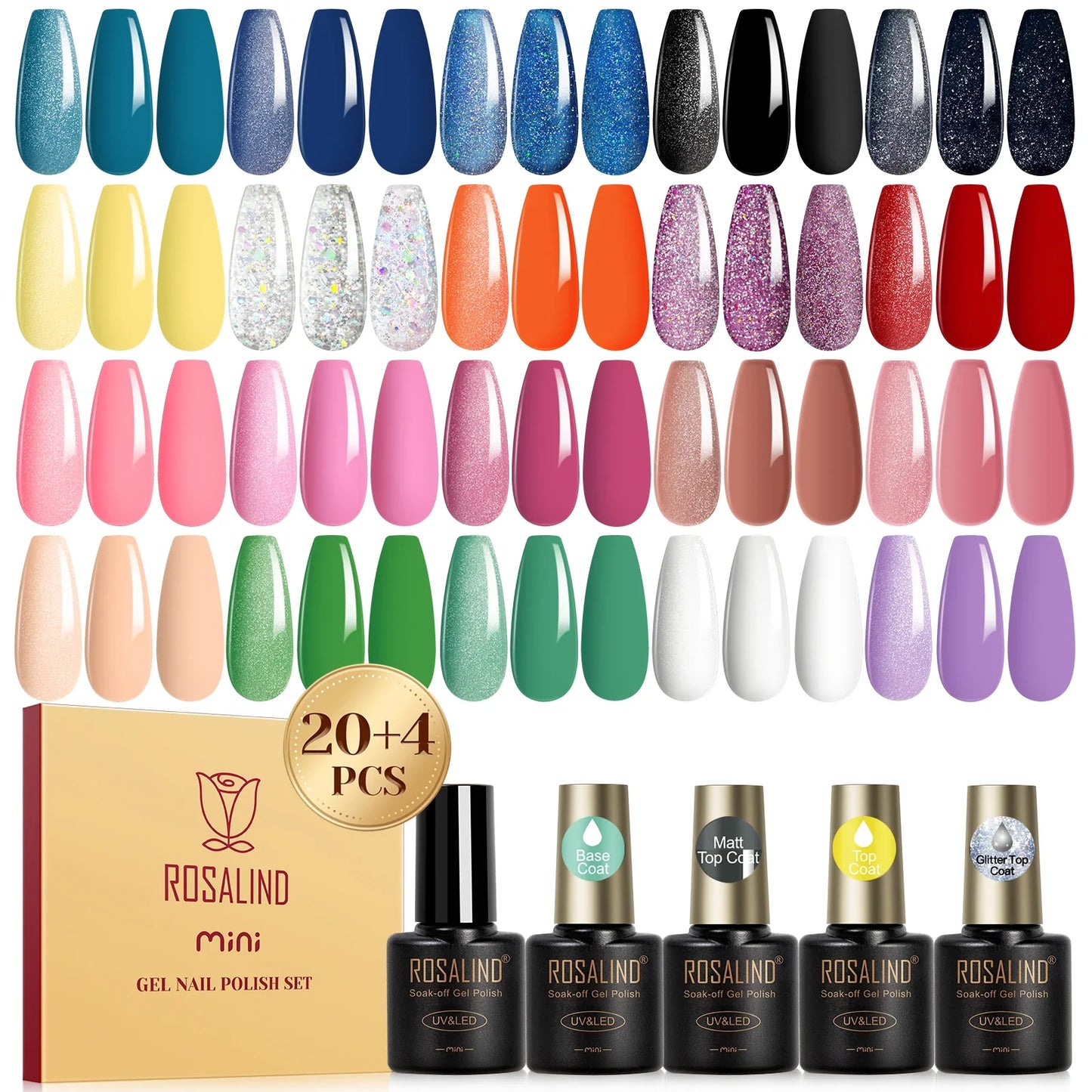 ROSALIND 24PCS Gel Nail Polish Set with Base and Top Coat Soak Off Nail Gel Kit Long Lasting