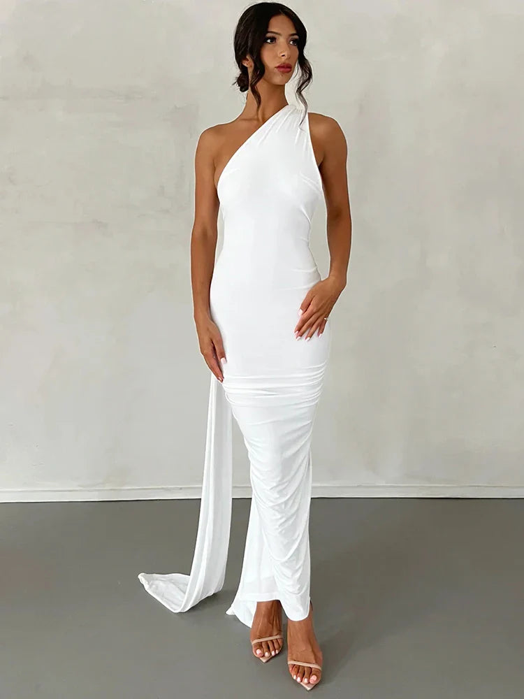 Hugcitar One Shoulder Backless Adjustable Scarf Loop Ruched Sexy Maxi Dress 2025 Women Elegant Y2K Streetwear Festival Outfit
