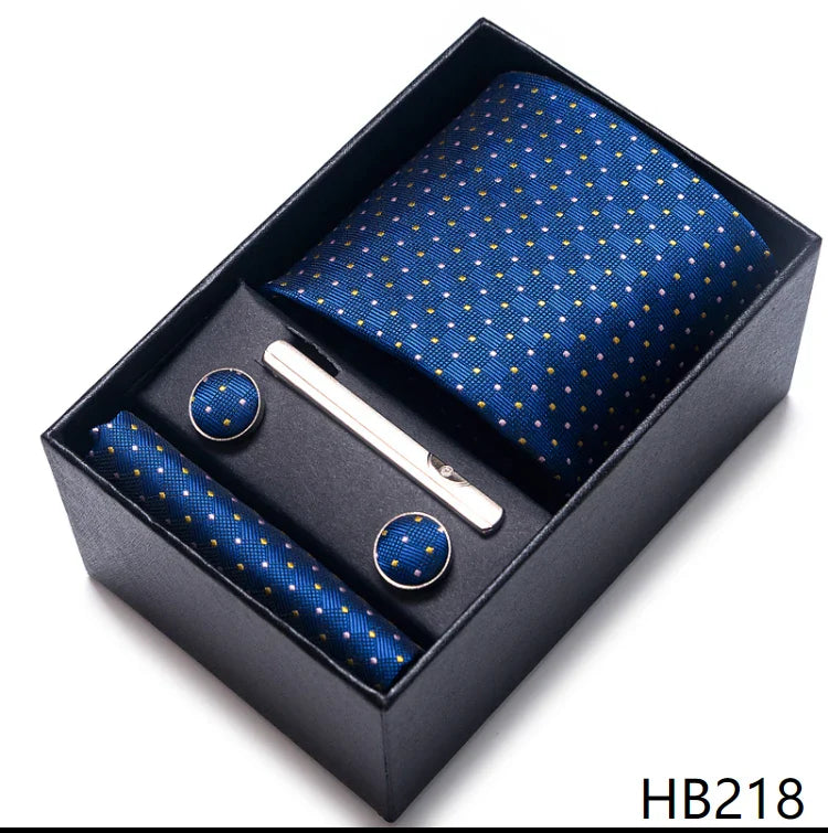 8 cm Wide Tie Sets Blue Solid Men's Neck Tie Handkerchief Cufflinks Clip Gift Silk Handmade