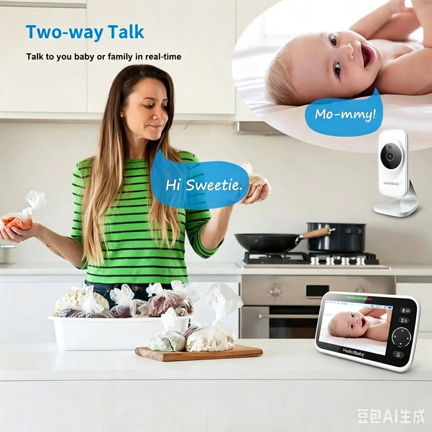 HelloBaby HB050 Baby Monitor, 5.0'' Diagonal Color Screen, Two-way Talk, Crying Detection, Infrared Night Vision, Temperature Detection, 2x Digital Zoom, Lullaby Playing