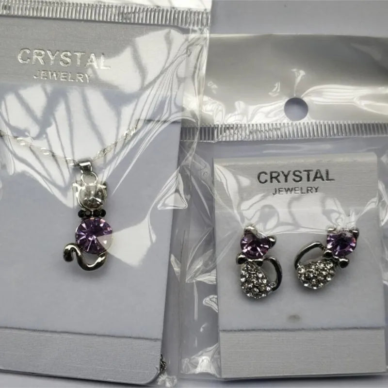 Crystal cute cat catty pendant necklace earrings quality charm lover gift fashion jewelry set birthday summer party dropshipping