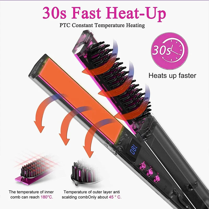 2 in 1 Hair Straightener Multifunctional Curling & Straightening Brush Ceramic Hot Comb Generator Helps Reduce Frizz Salon Tools