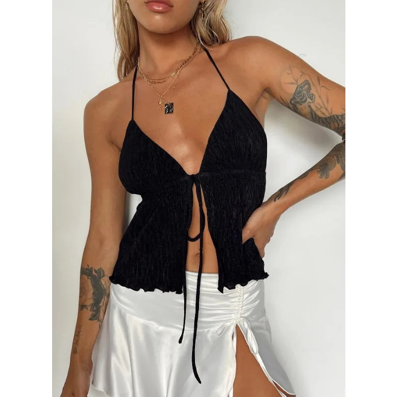 Vest Y2K Top Clubwear New Halter Lace-up Camisole Sexy Lady Backless Tanks Summer Split Crop Top Camis Tank  New